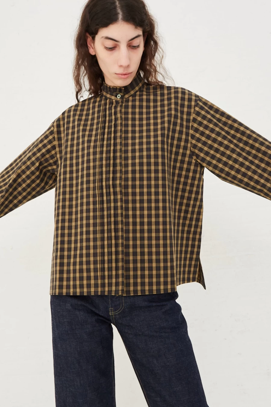 Chimala Yellow Check Pleated Stand Collar Shirt for Men & Women | Oroboro Store