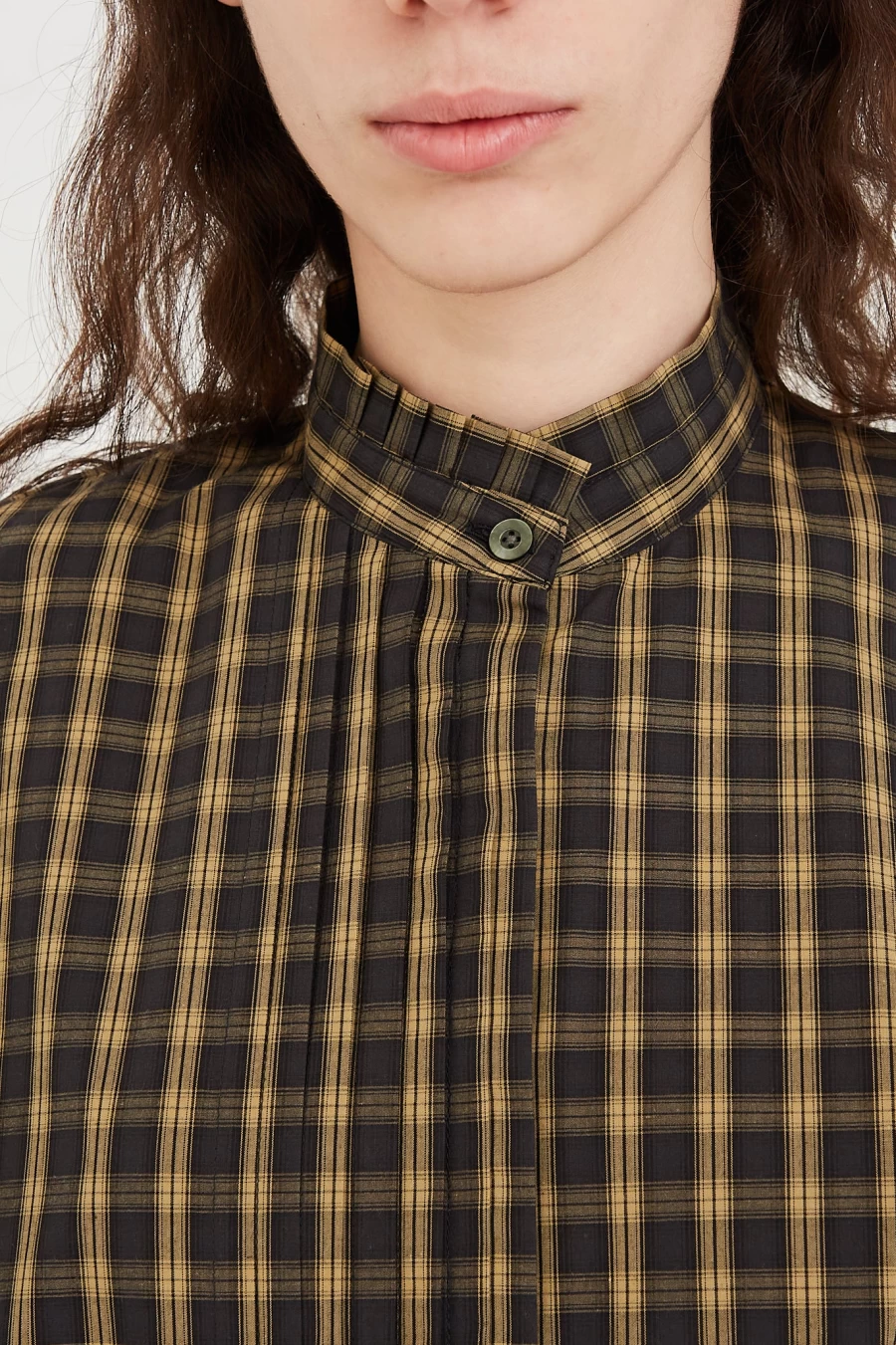 Chimala Yellow Check Pleated Stand Collar Shirt for Men & Women | Oroboro Store