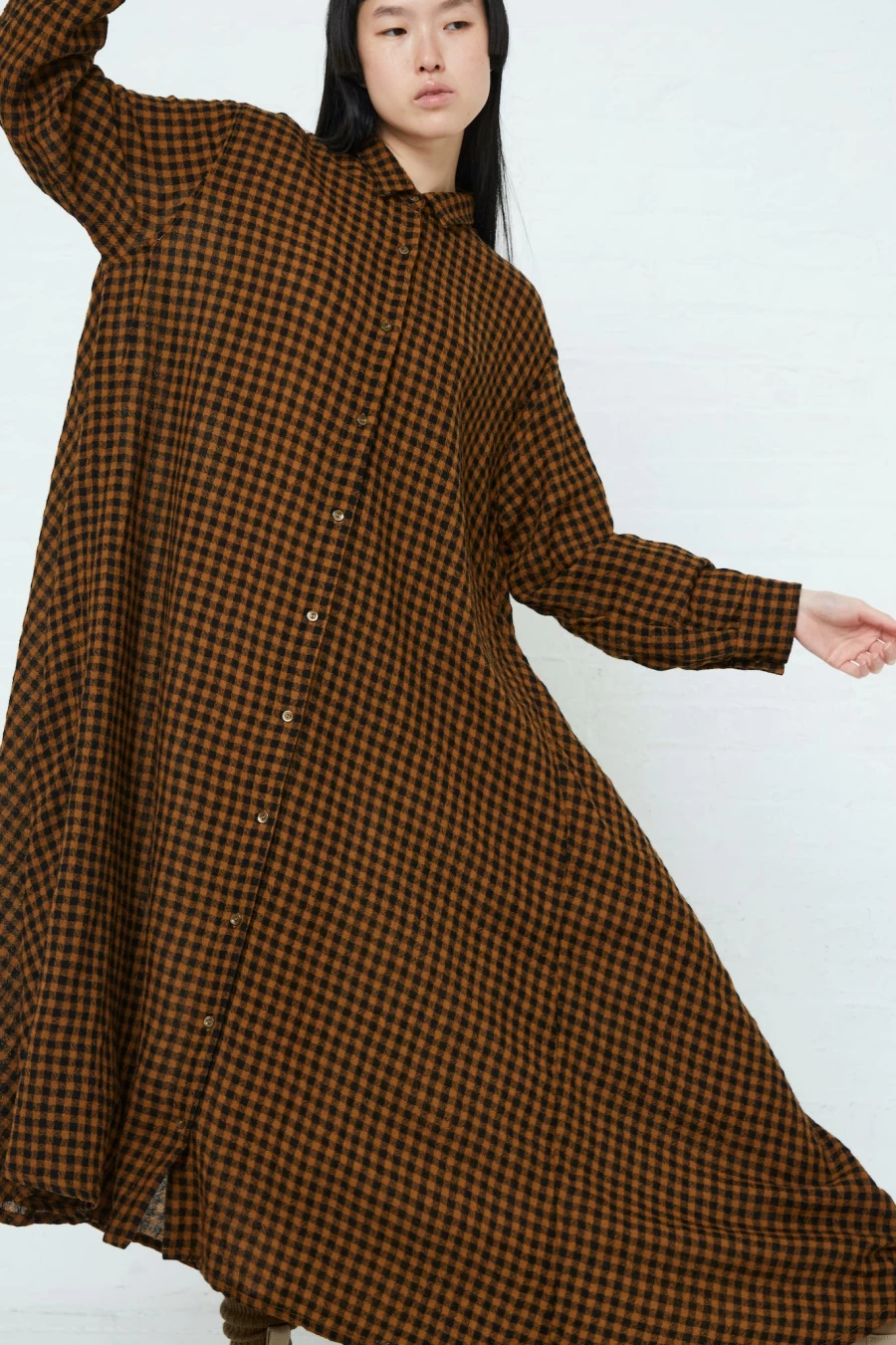 "Ichi Mustard & Black Wool Check Dress | Oroboro Collection | Sustainable Fashion"