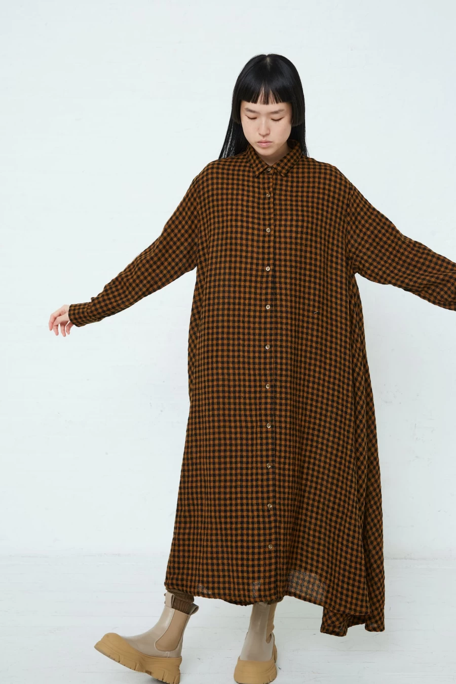 "Ichi Mustard & Black Wool Check Dress | Oroboro Collection | Sustainable Fashion"