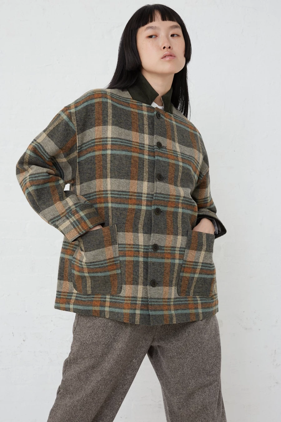 Nest Robe Khaki Cotton Twill Plaid Jacket - Oroboro Collection