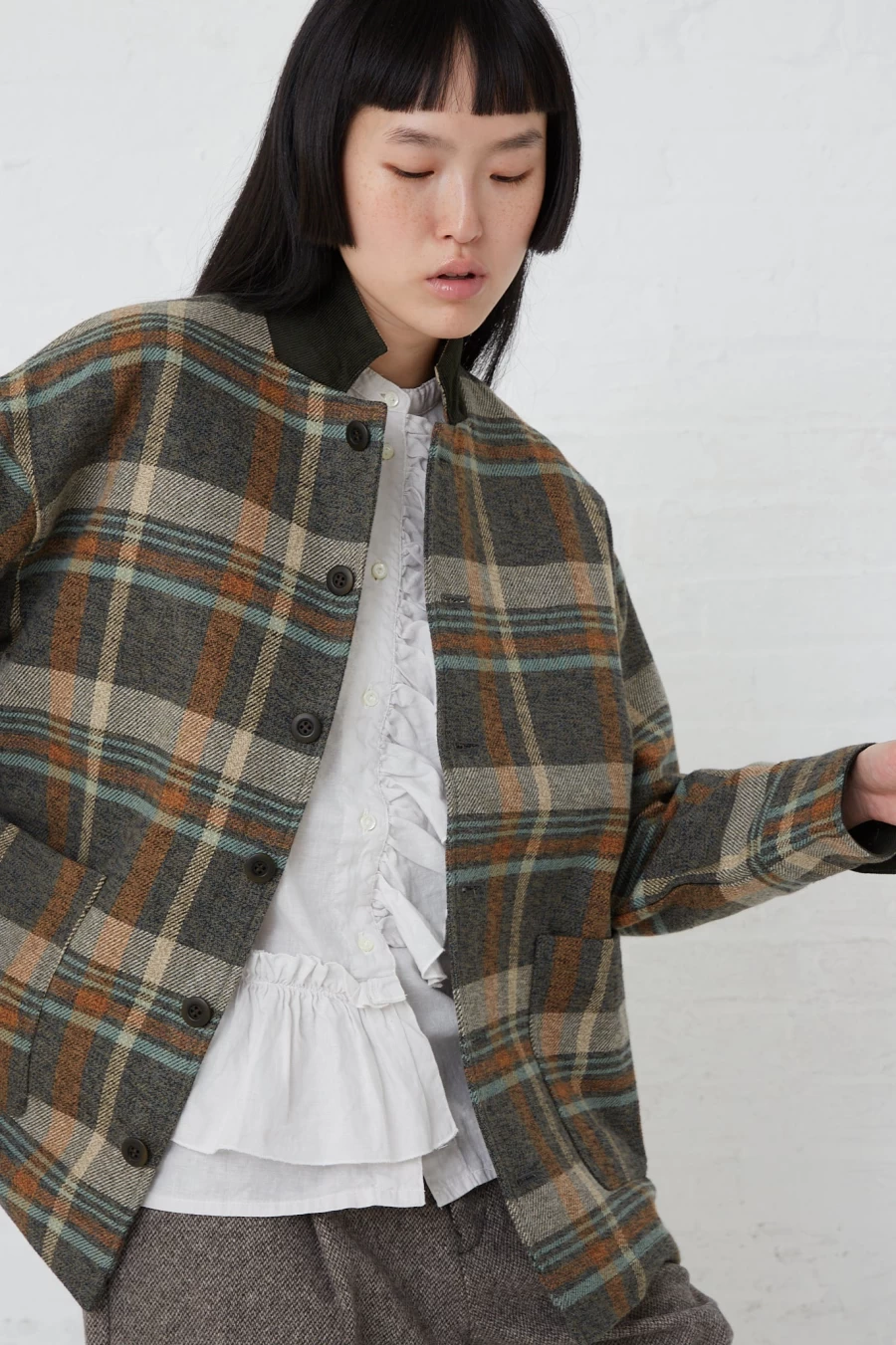 Nest Robe Khaki Cotton Twill Plaid Jacket - Oroboro Collection