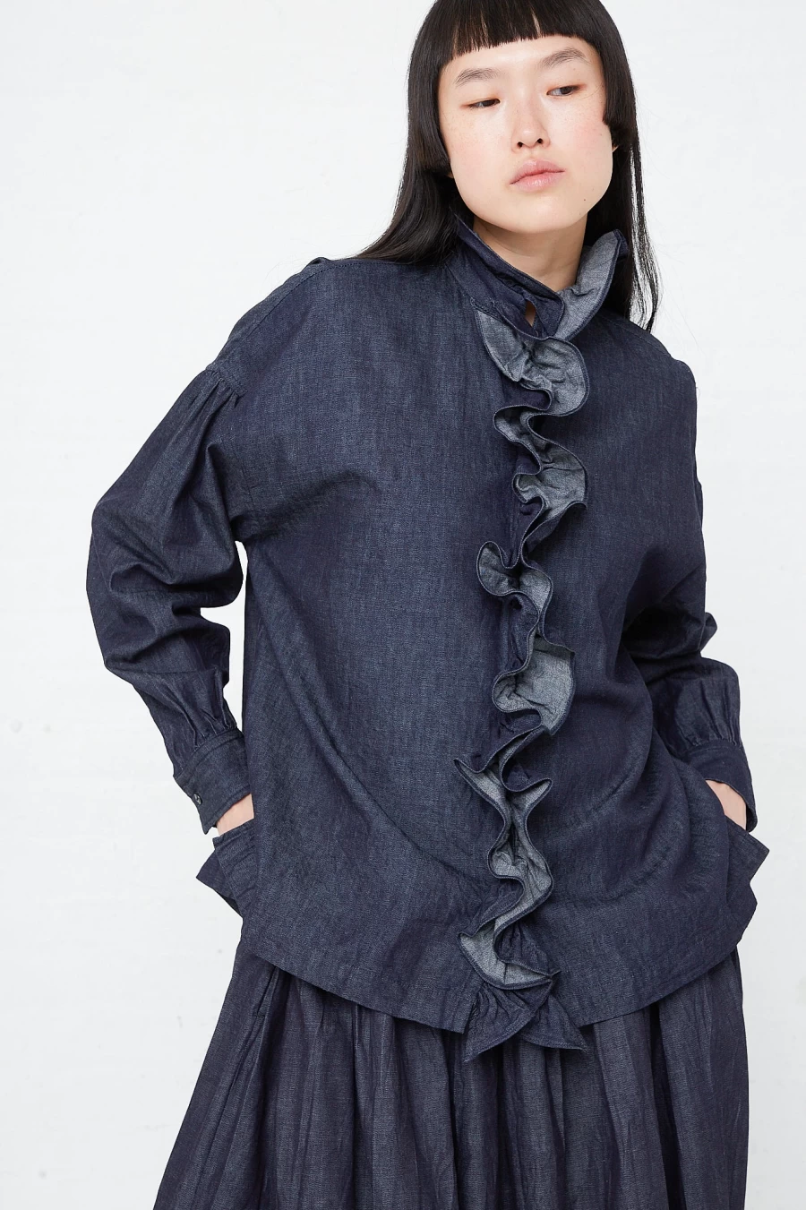 Toujours Women's Indigo Denim Shirt with Ruffle Detail | Cotton Blend Casual Top
