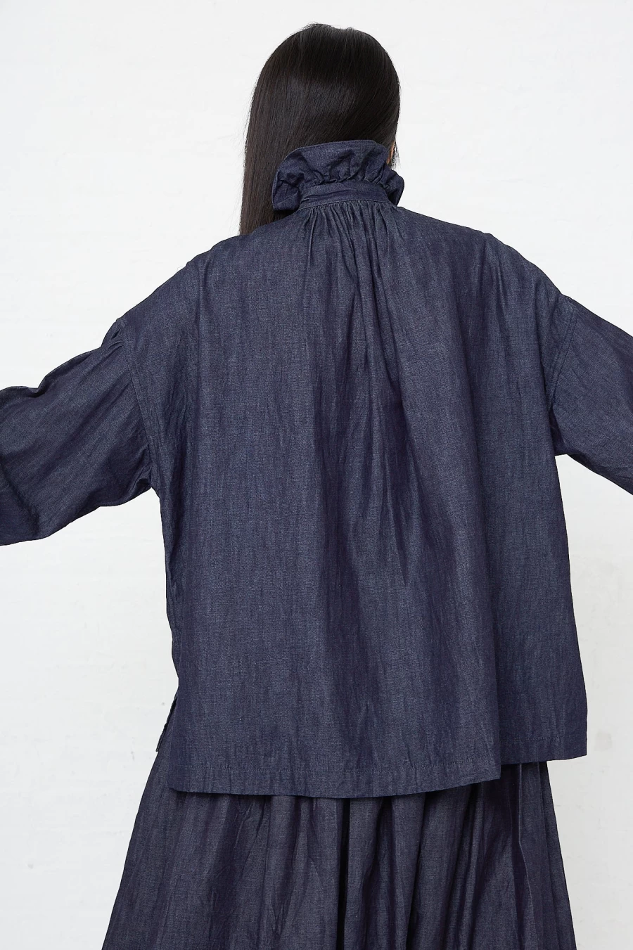 Toujours Women's Indigo Denim Shirt with Ruffle Detail | Cotton Blend Casual Top
