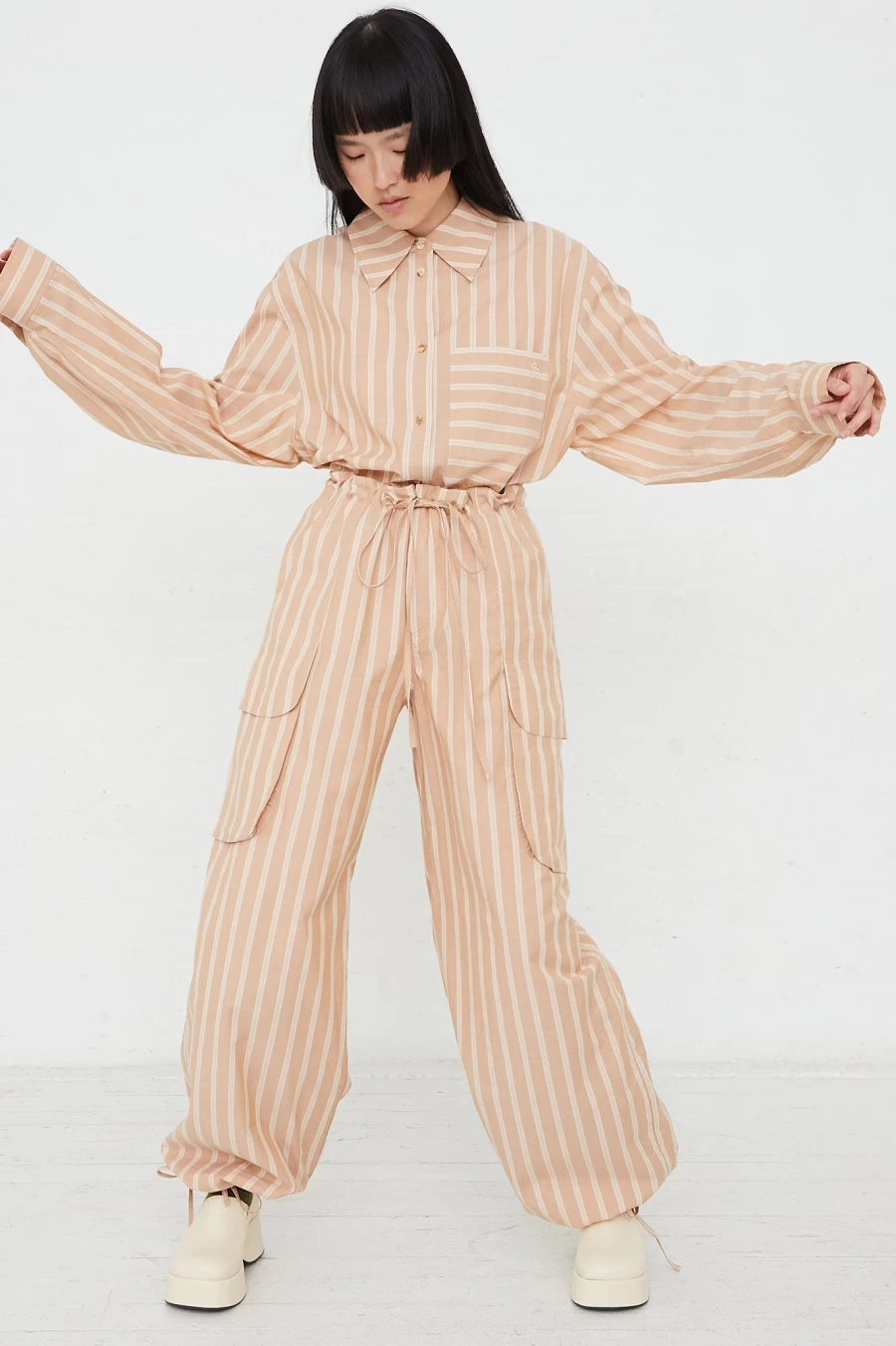 Rejina Pyo Vietta Stripe Pink Trousers | High-Waisted Wide-Leg Pants | Oroboro Store