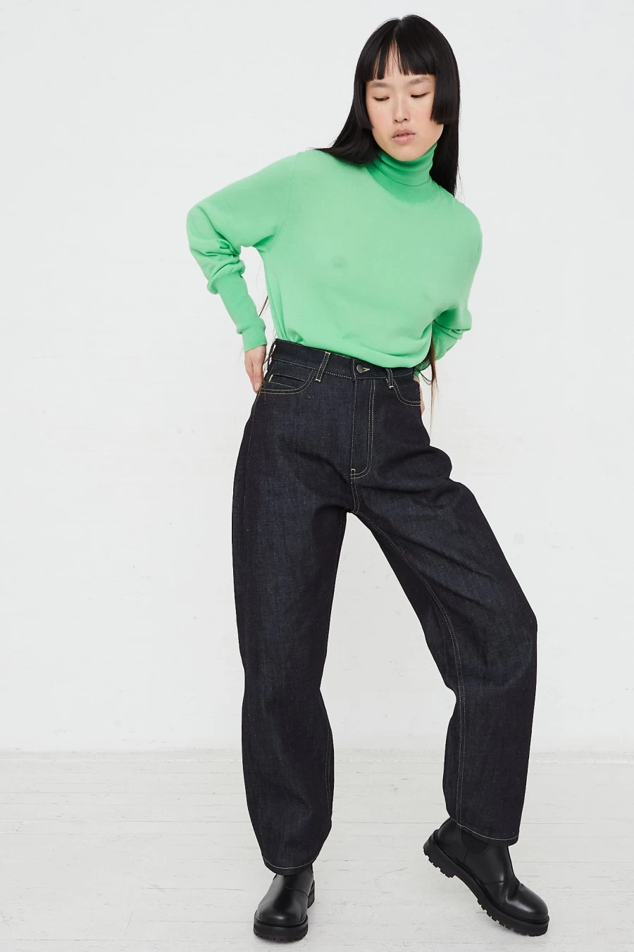 Studio Nicholson Ruthe Selvedge Denim Jeans for Women - Indigo Washed High-Rise Straight-Leg Sustainable Japanese Denim