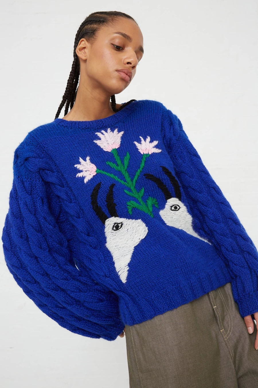 Sofio Gongli Blue Animal Floral Knit Sweater | Oroboro Collection