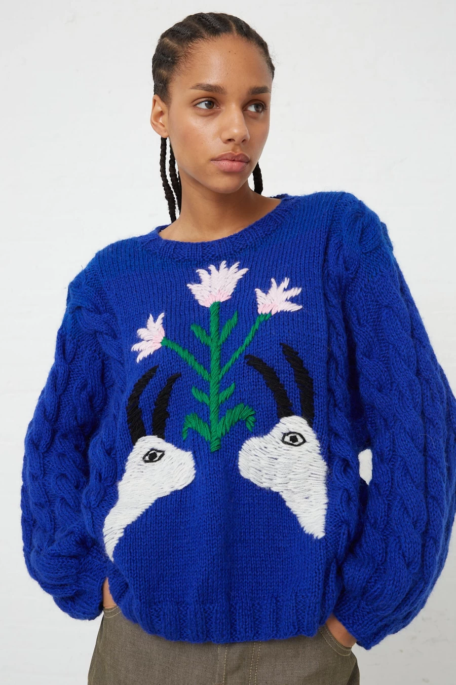 Sofio Gongli Blue Animal Floral Knit Sweater | Oroboro Collection