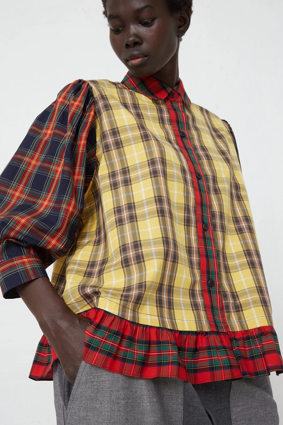 KasMaria Women's Cotton Poplin Ruffle Plaid Shirt - Stylish Checkered Blouse for Casual Wear