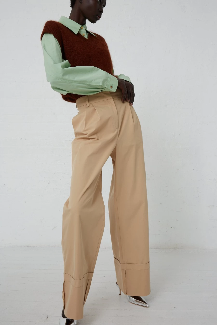 Rejina Pyo Macie Cotton Blend Trousers in Tan | High-Waisted Wide-Leg Pants | Oroboro Collection
