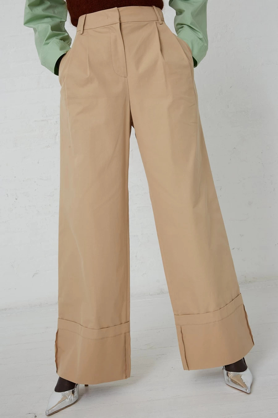 Rejina Pyo Macie Cotton Blend Trousers in Tan | High-Waisted Wide-Leg Pants | Oroboro Collection