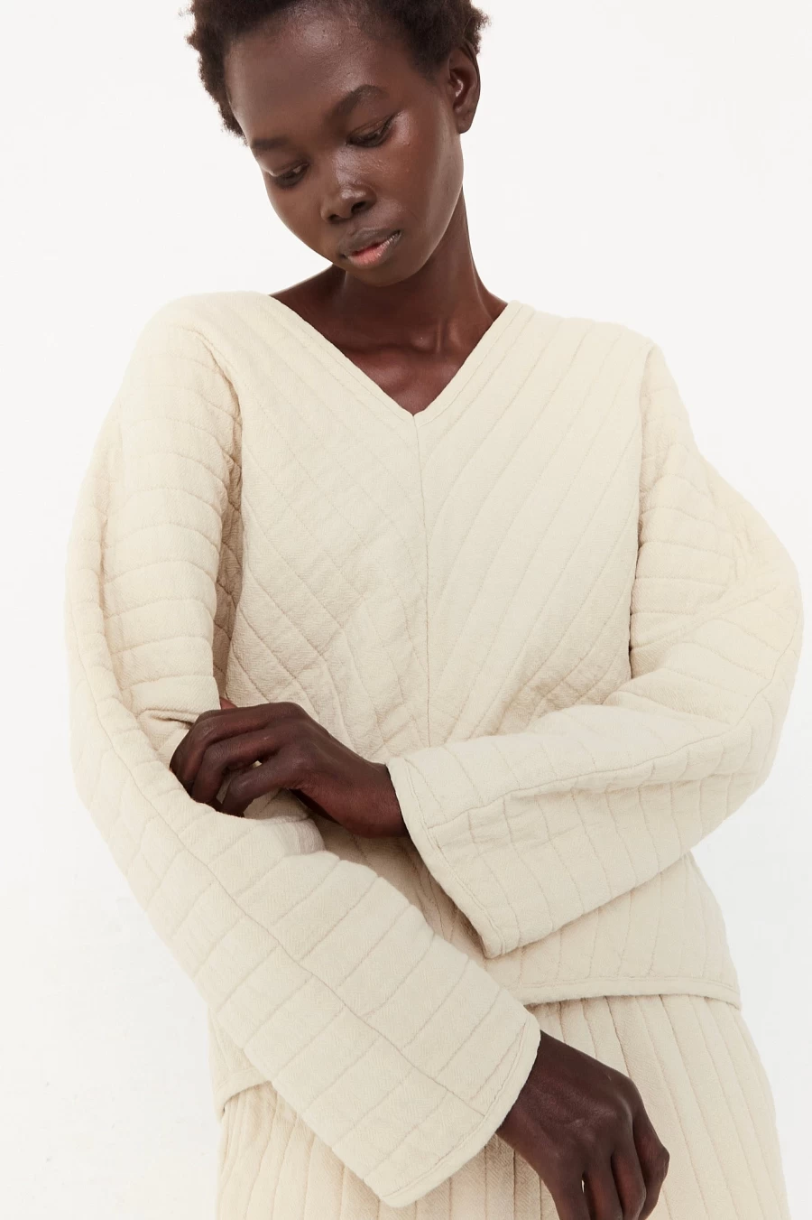 Black Crane Ivory Quilted V-Neck Top - Oroboro Collection Lightweight Women's Loungewear