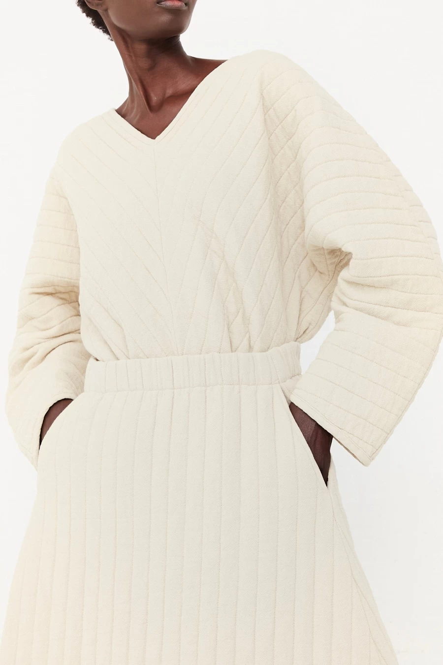 Black Crane Ivory Quilted V-Neck Top - Oroboro Collection Lightweight Women's Loungewear