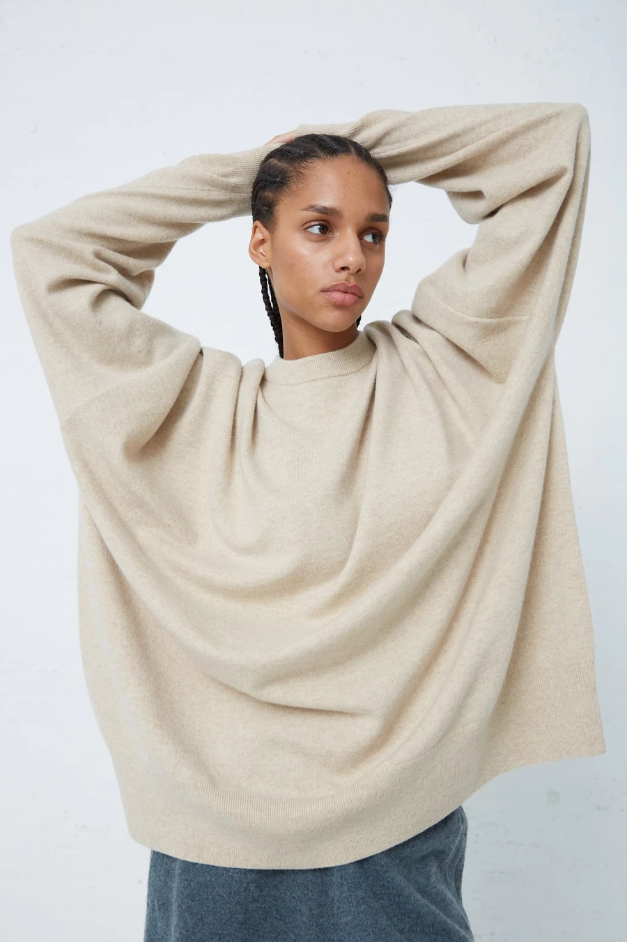 Extreme Cashmere Juna Sweater in Latte & Oroboro | Luxury Women's Knitwear