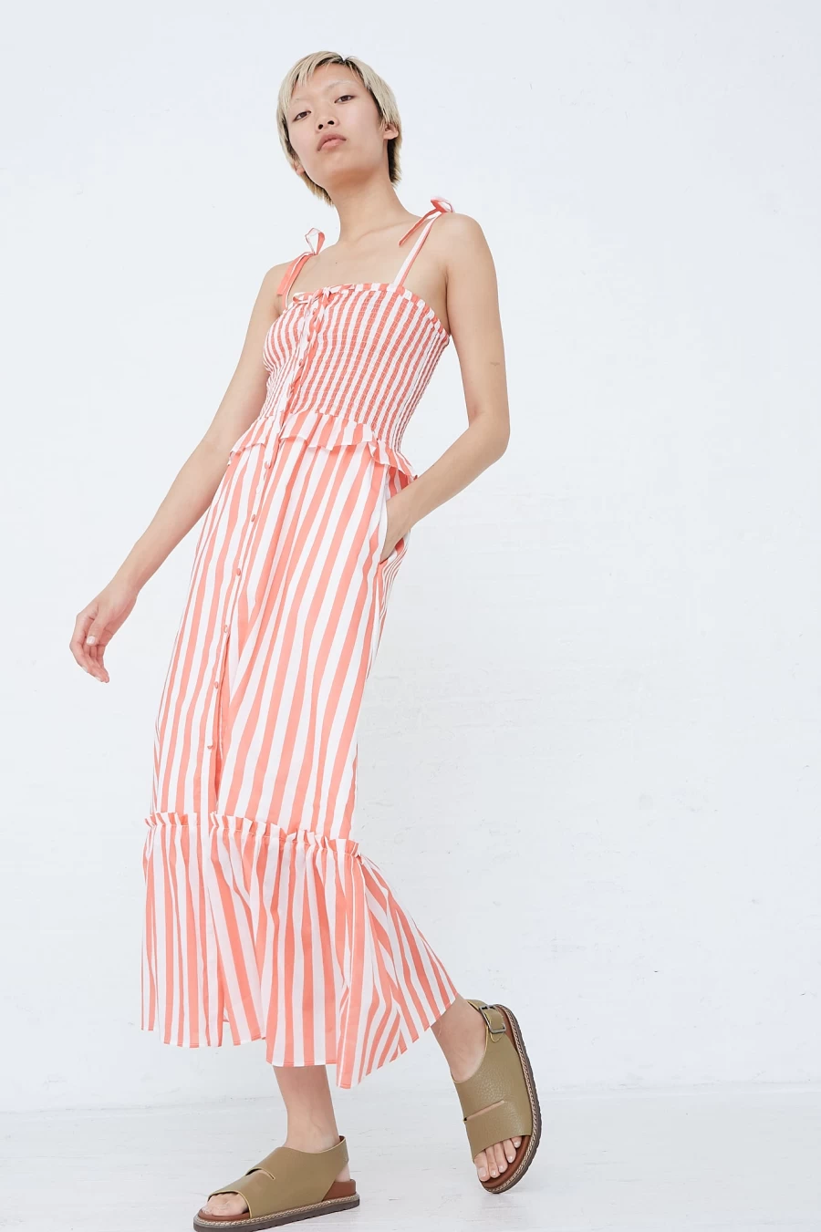 Loretta Caponi Alberica Coral Striped Dress | Elegant Women's Fashion | Oroboro Store New York