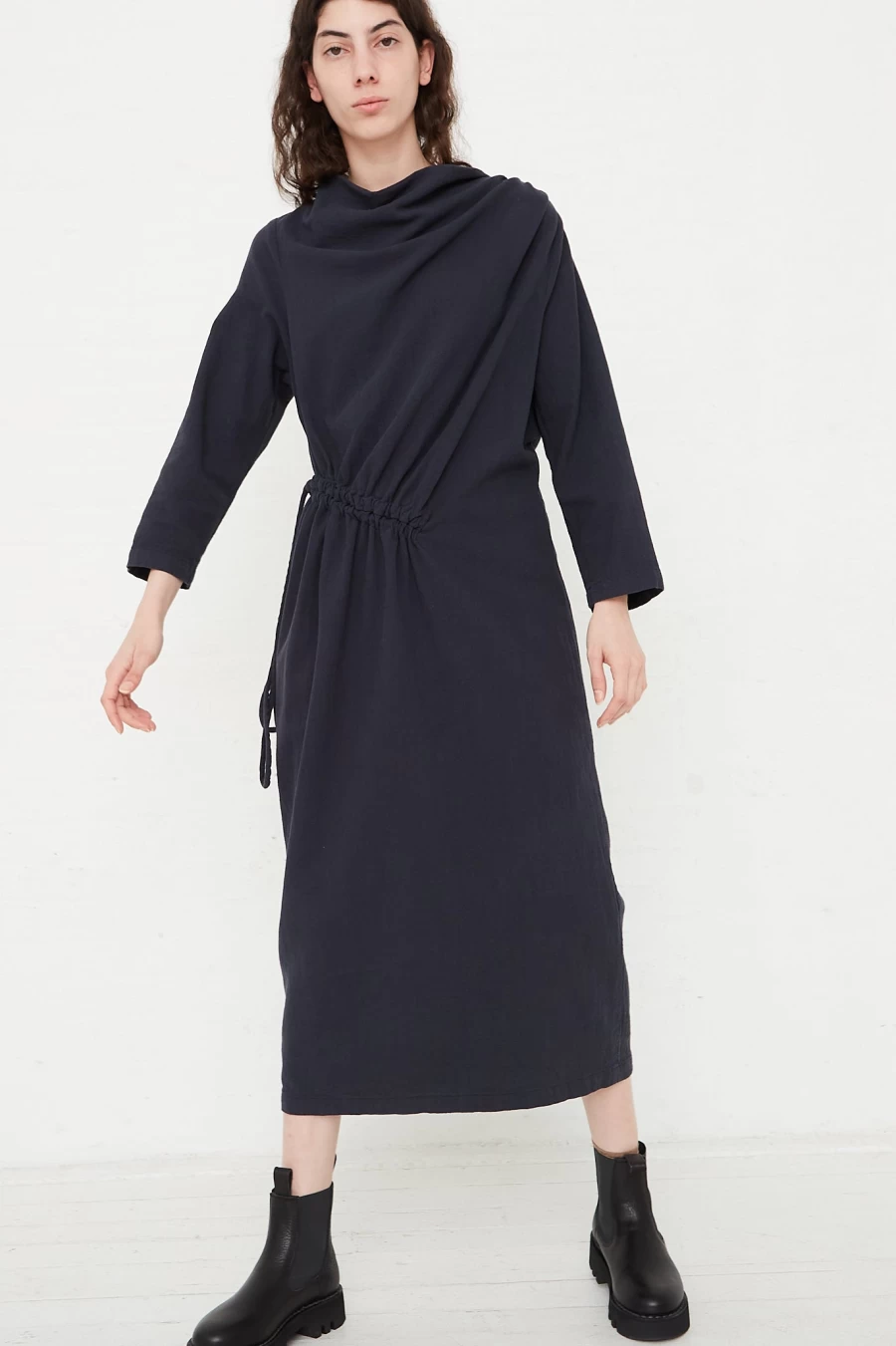 Black Crane Dark Navy Cotton Ruched Woven Dress - Elegant Women's Summer Dress