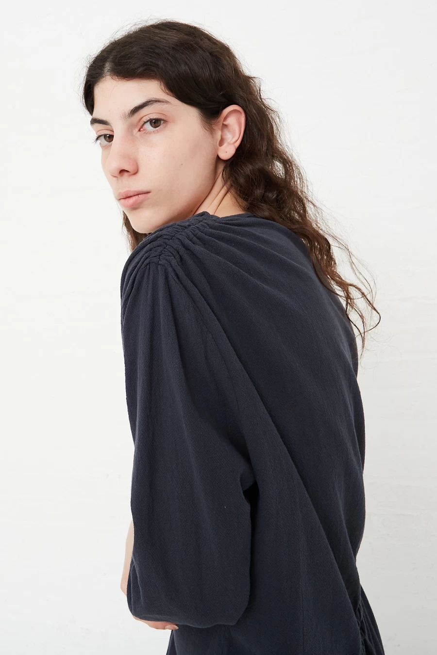 Black Crane Dark Navy Cotton Ruched Woven Dress - Elegant Women's Summer Dress