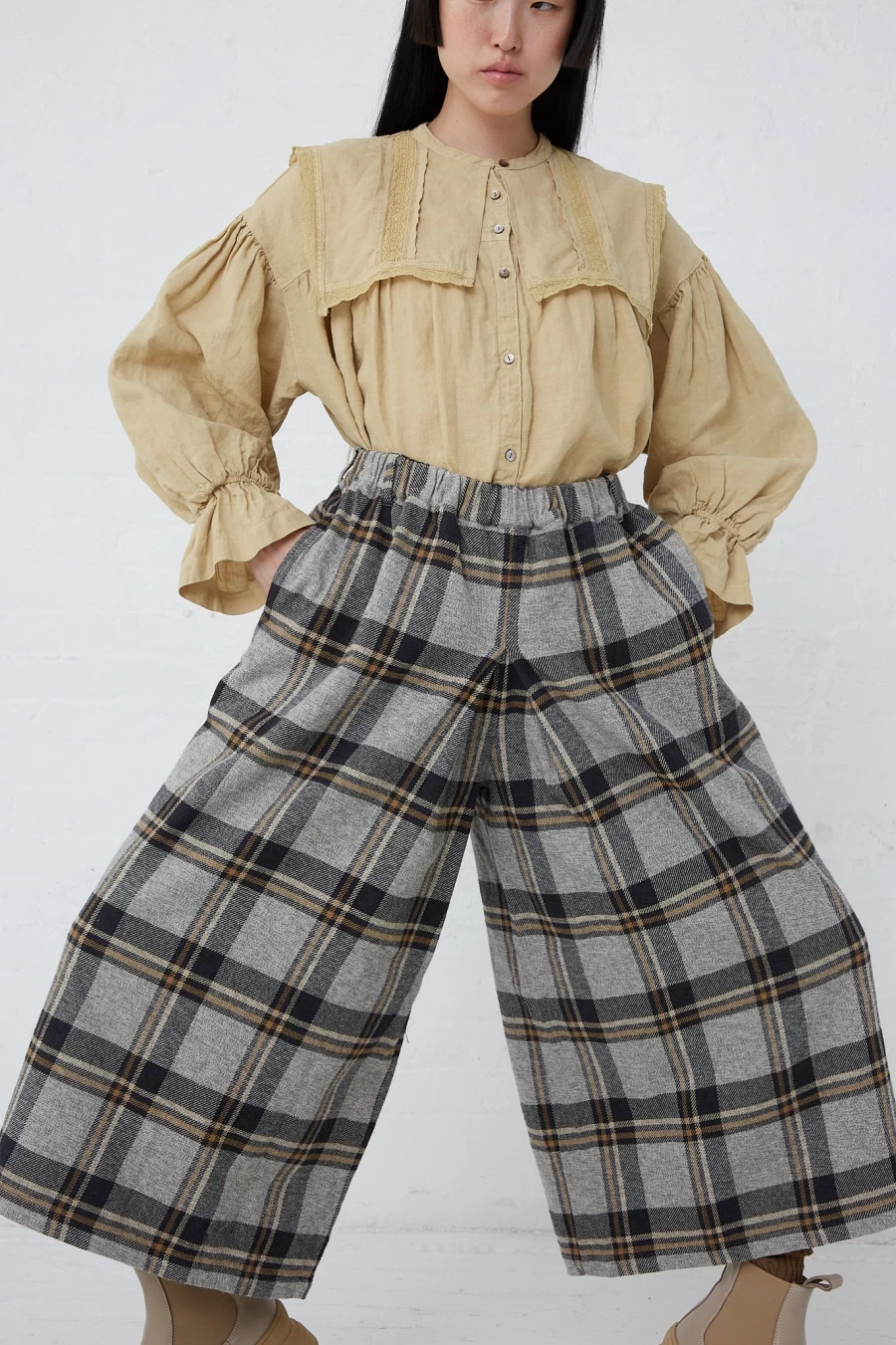 Nest Robe Navy Cotton Twill Plaid Pants | Oroboro Relaxed Fit Casual Trousers