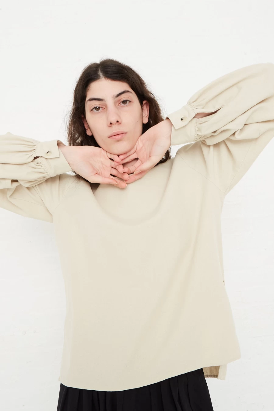 Black Crane Ivory Cotton Twill Blouse with Puff Sleeves - Women's Elegant Tops
