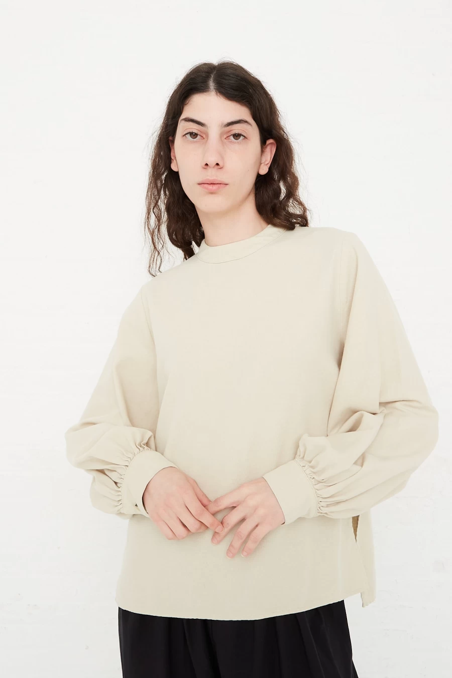 Black Crane Ivory Cotton Twill Blouse with Puff Sleeves - Women's Elegant Tops