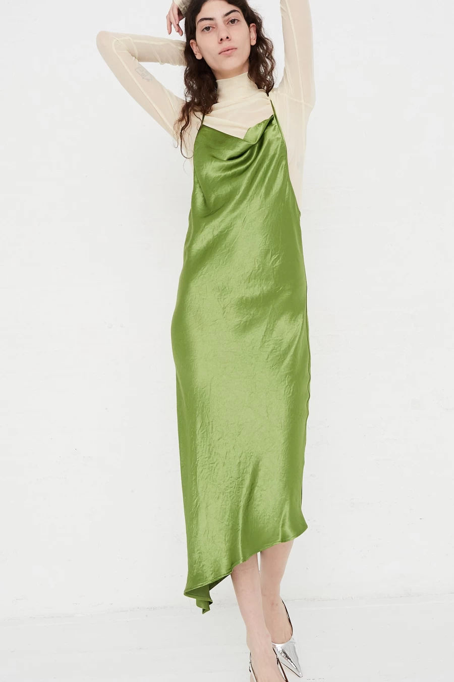 Nomia Vintage Kiwi Green Satin Halter Dress - Oroboro Store Women's Fashion