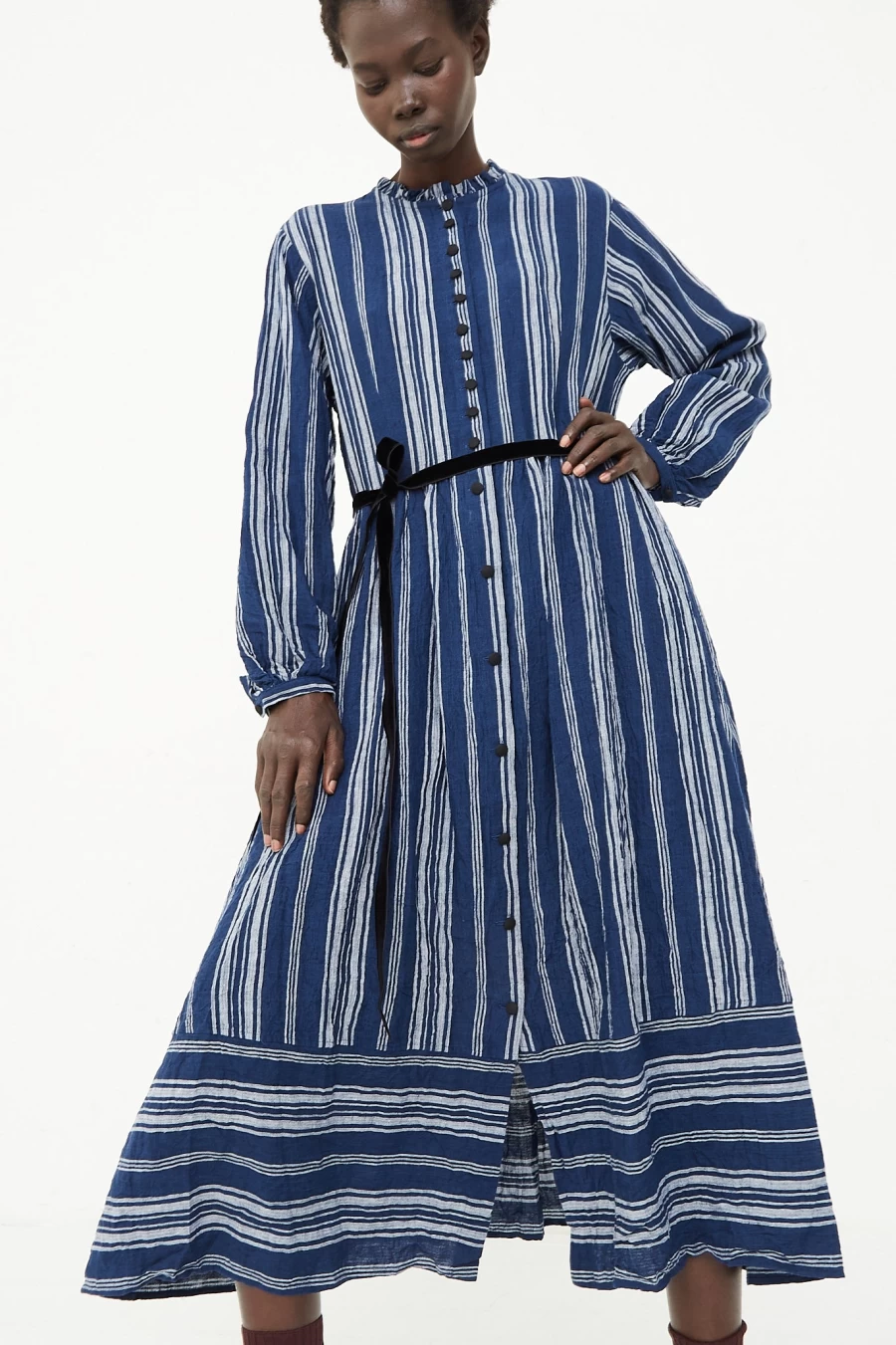 Hallelujah Indigo Blue Striped Linen Jeune Paysanne Dress - Oroboro Store