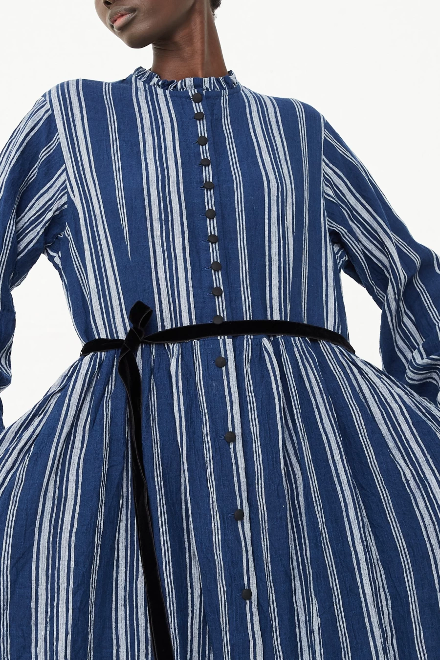 Hallelujah Indigo Blue Striped Linen Jeune Paysanne Dress - Oroboro Store