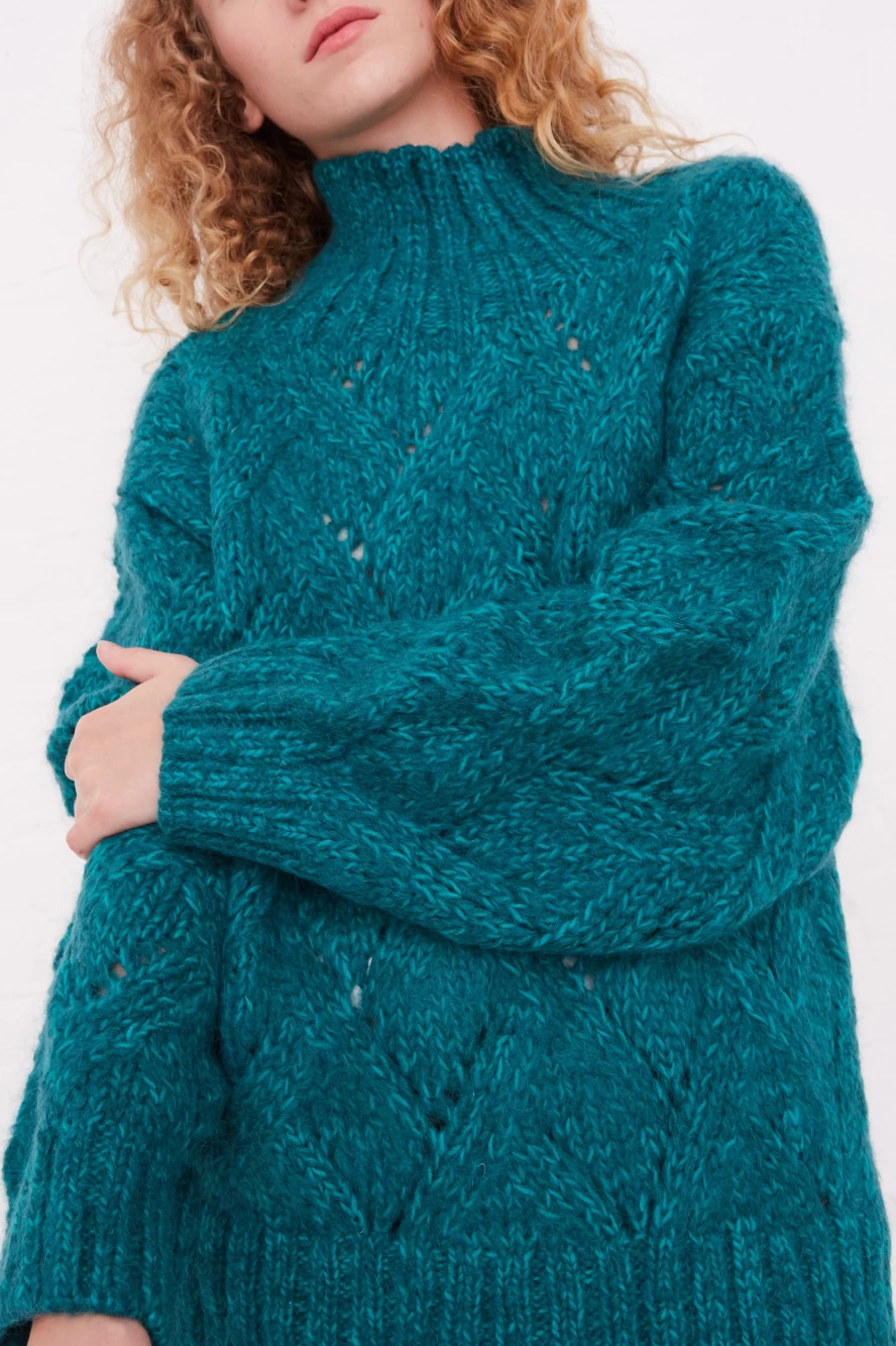Ichi Antiquit Hand-Knit Green Teal Turtleneck Sweater | Oroboro Store