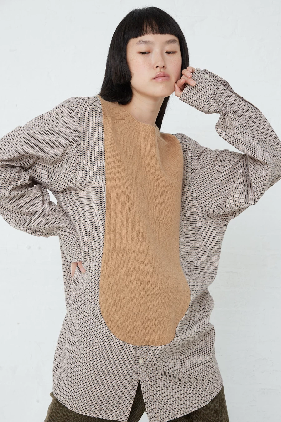 Bless No. 68 Beige Patterned Front Insert Pullover | Oroboro Collection