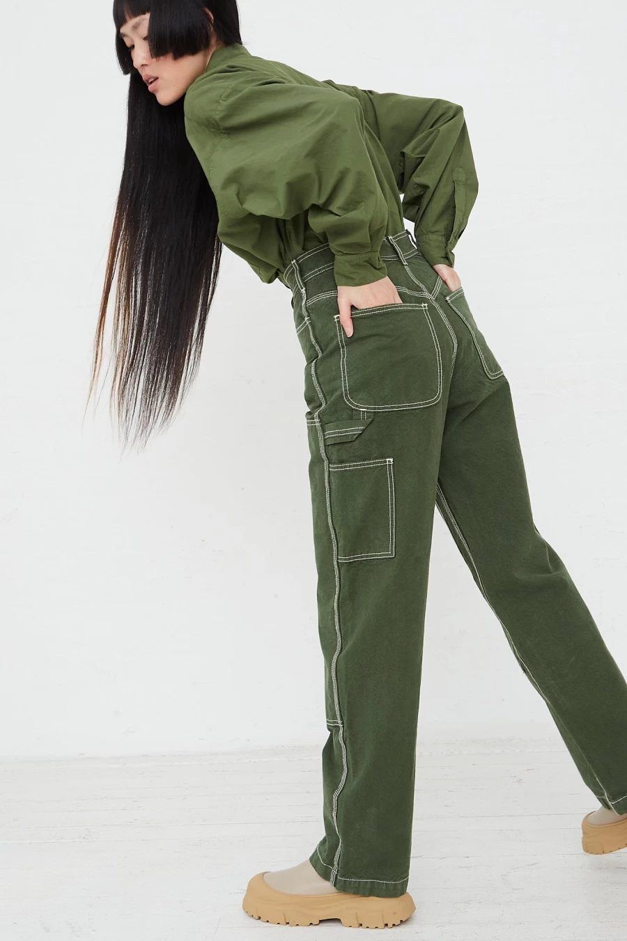 Jesse Kamm Olive Green Cotton Canvas Patchwork Handy Pant | Sustainable Women's Trousers | Oroboro Collection