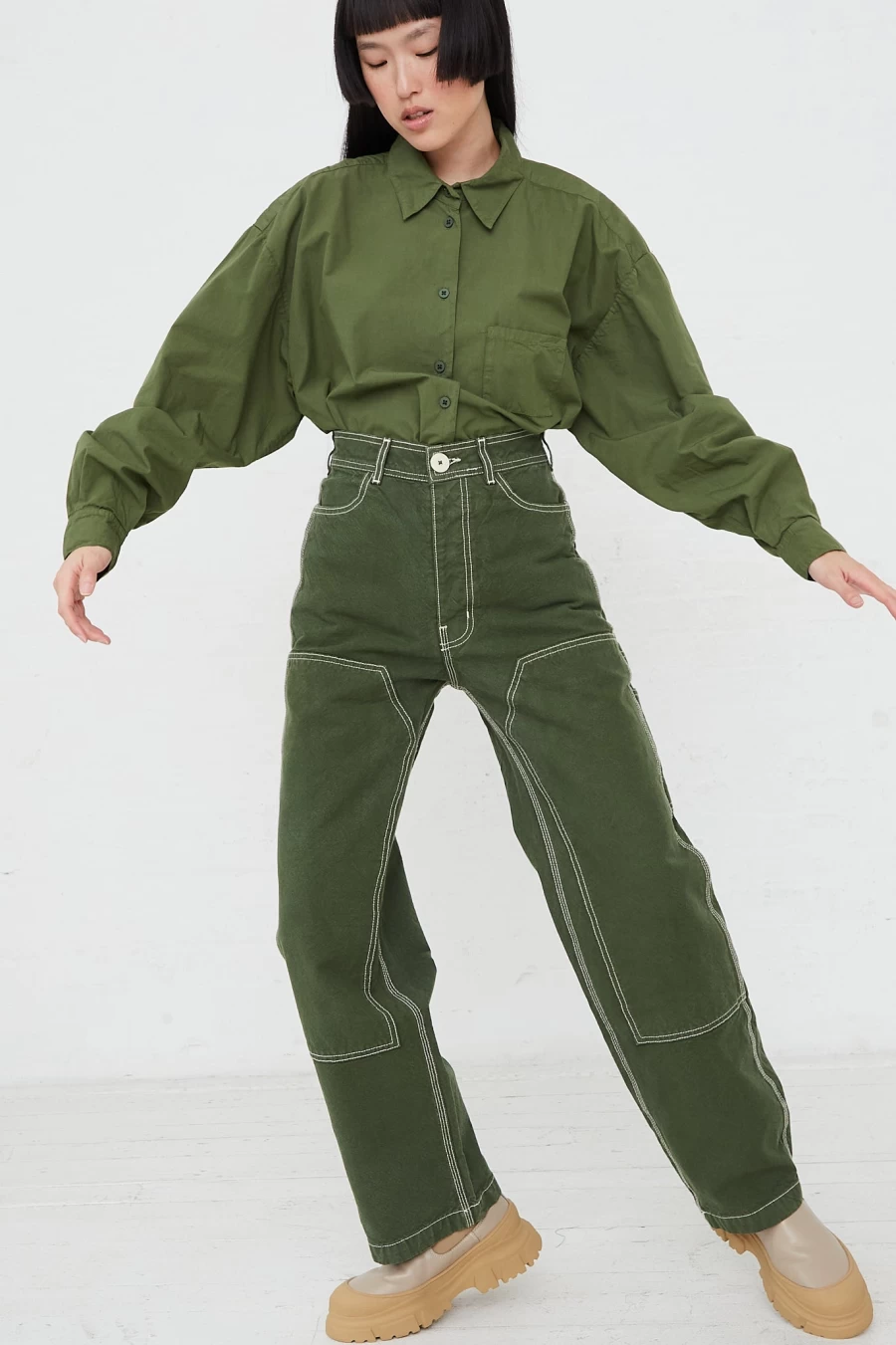 Jesse Kamm Olive Green Cotton Canvas Patchwork Handy Pant | Sustainable Women's Trousers | Oroboro Collection