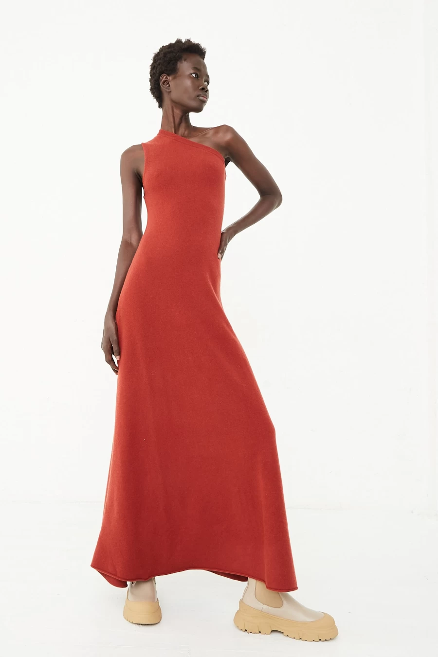 Extreme Cashmere One Shoulder Swan Dress in Harissa - Elegant Women's Gown by Oroboro Store