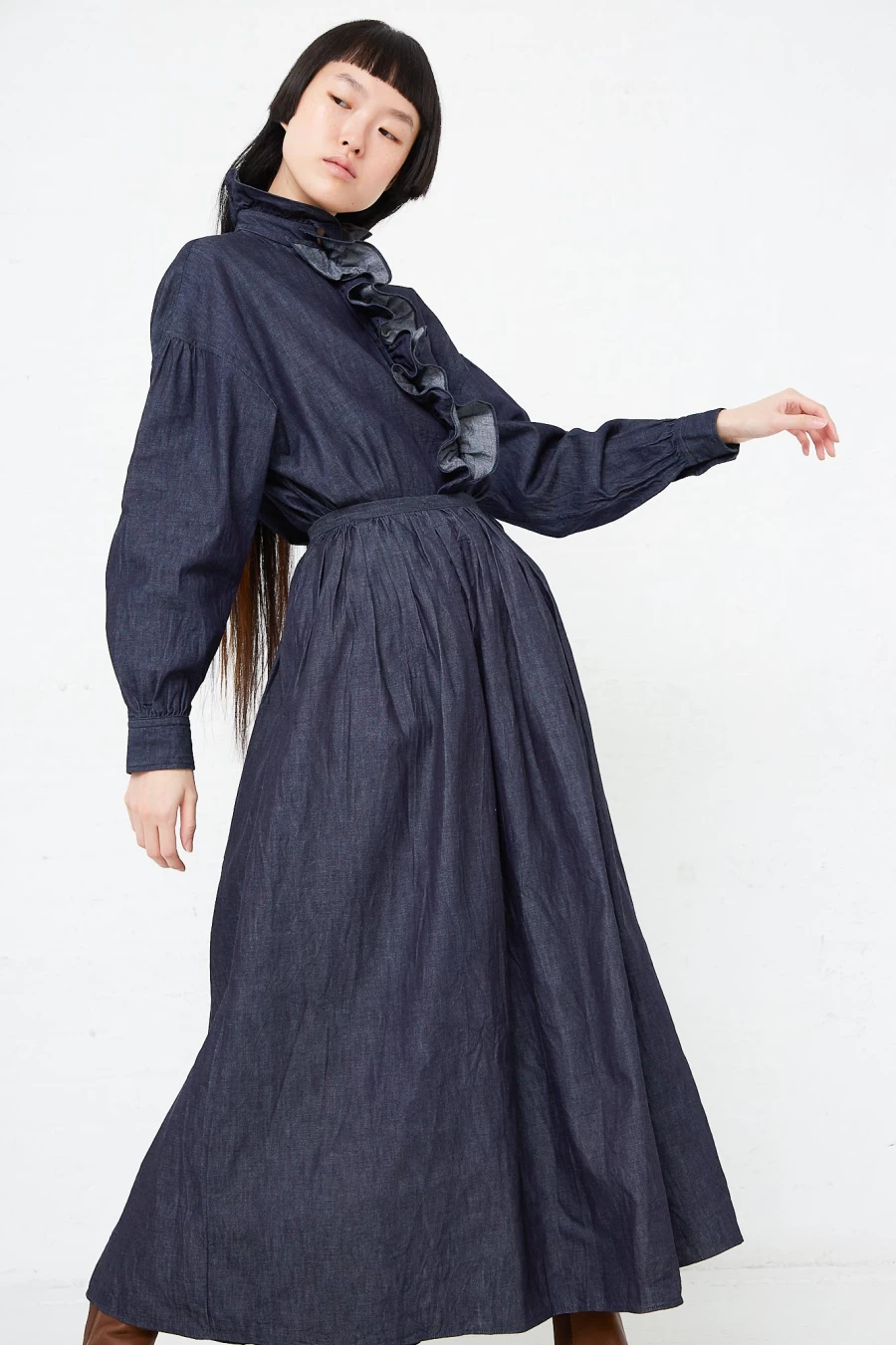 Toujours Women's Indigo Cotton Denim Pleated Maxi Skirt - Sustainable Long Skirt by Oroboro