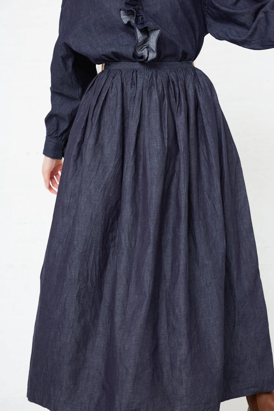 Toujours Women's Indigo Cotton Denim Pleated Maxi Skirt - Sustainable Long Skirt by Oroboro