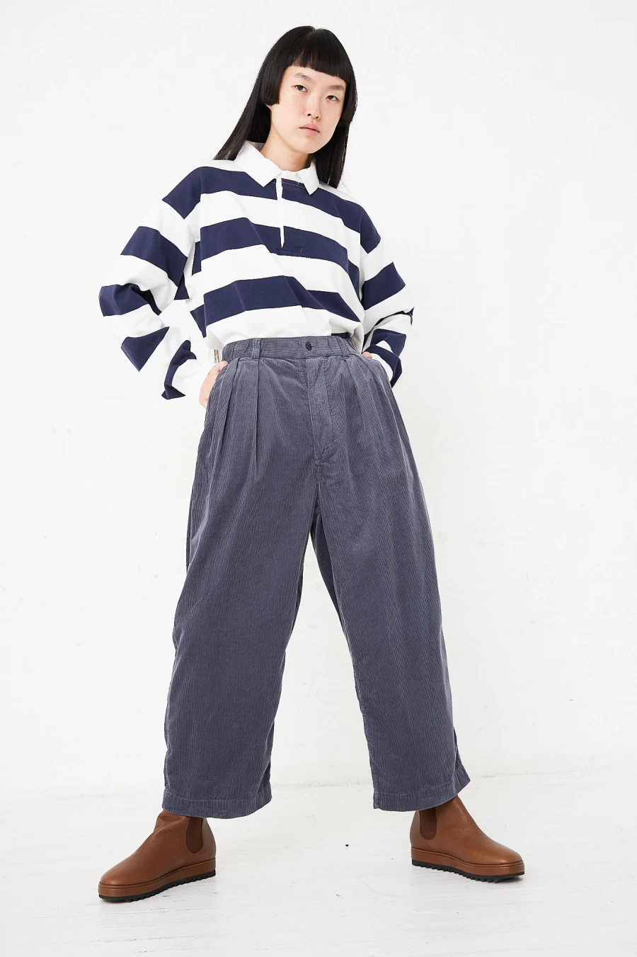 Toujours Ink Blue Corduroy Baggy Pants with Pleat Detail - Comfortable Casual Trousers