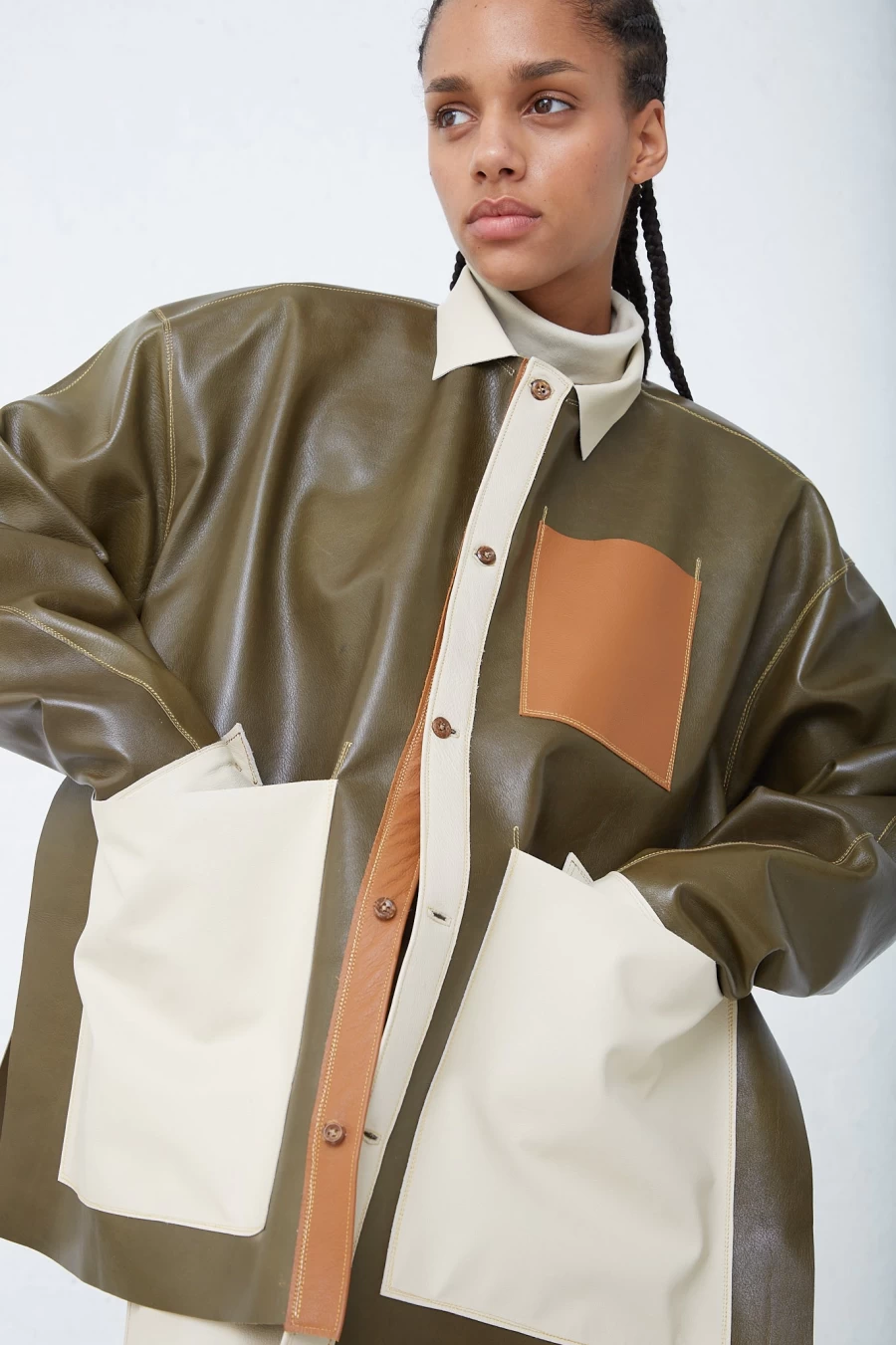Thank You Have A Good Day Color Block Green Leather Shirt - Stylish Eco-Friendly Fashion