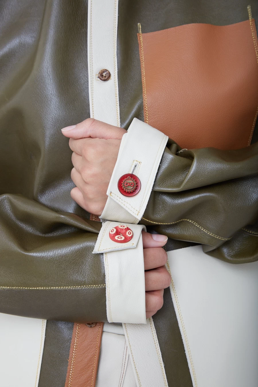 Thank You Have A Good Day Color Block Green Leather Shirt - Stylish Eco-Friendly Fashion