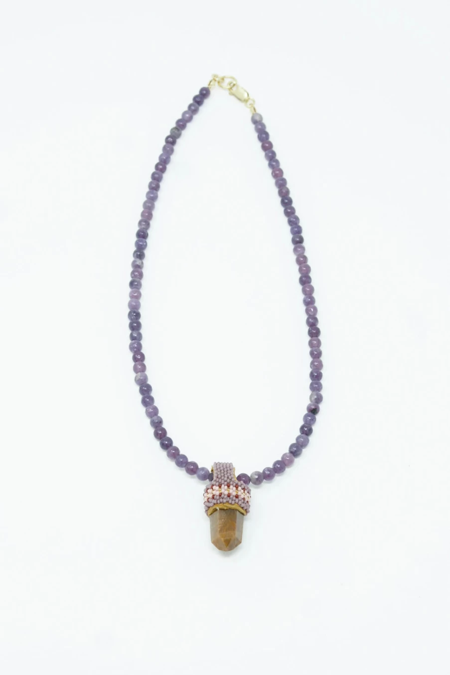 Robin Mollicone Purple Beaded Necklace with Rutilated Quartz Crystal Pendant