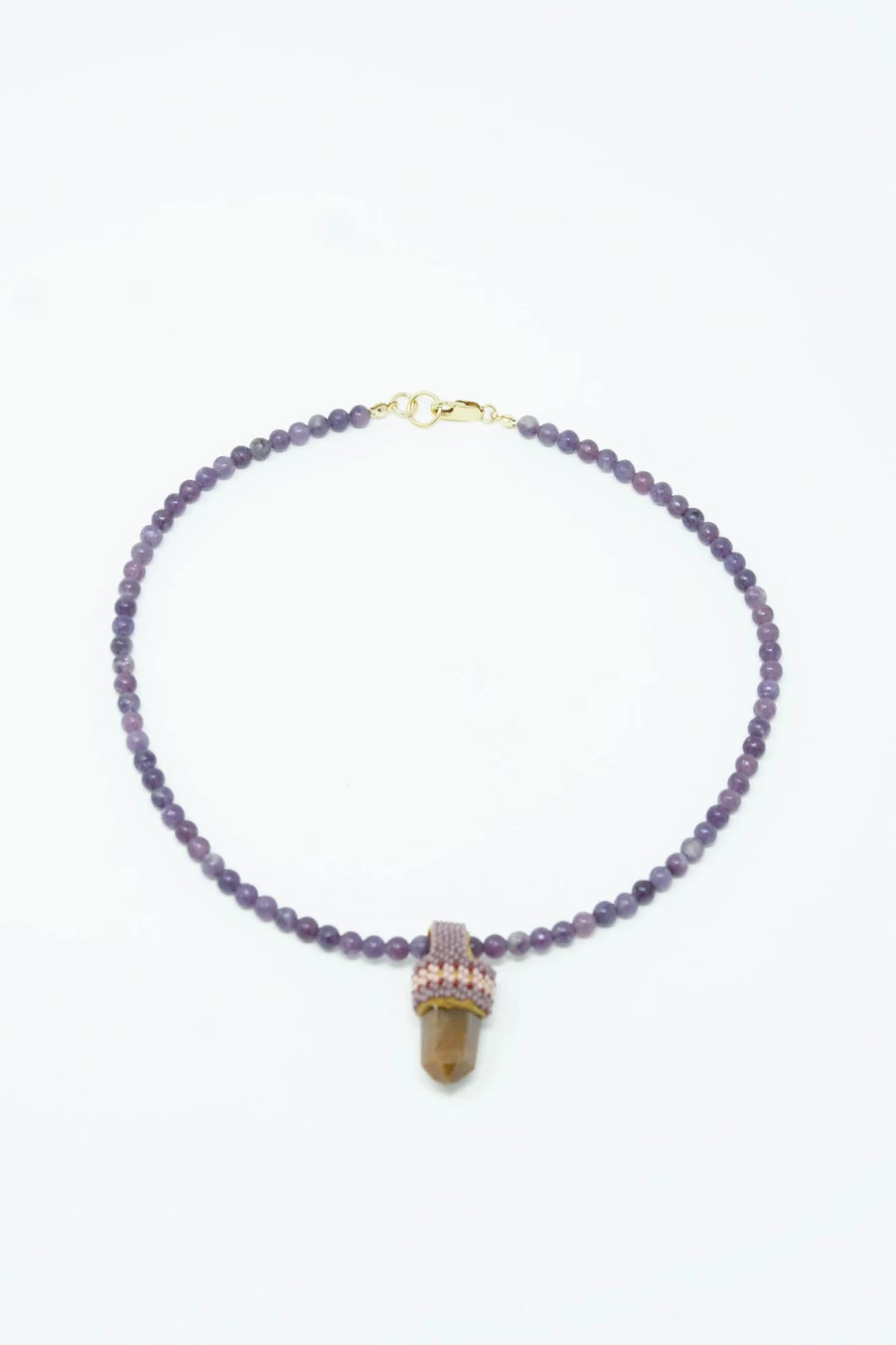 Robin Mollicone Purple Beaded Necklace with Rutilated Quartz Crystal Pendant
