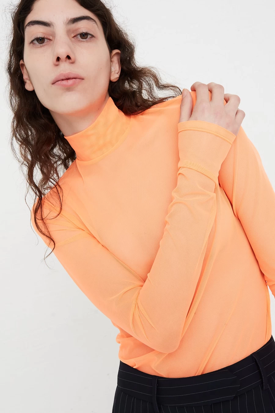 Nomia Fluoro Orange Long Sleeve Mesh Mockneck Top - Stylish Women's Fashion