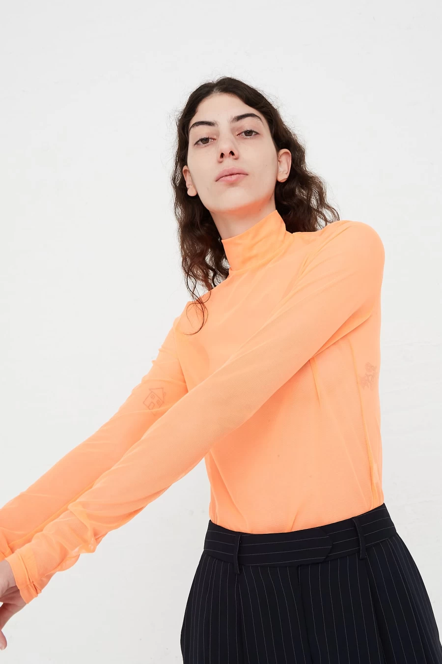 Nomia Fluoro Orange Long Sleeve Mesh Mockneck Top - Stylish Women's Fashion