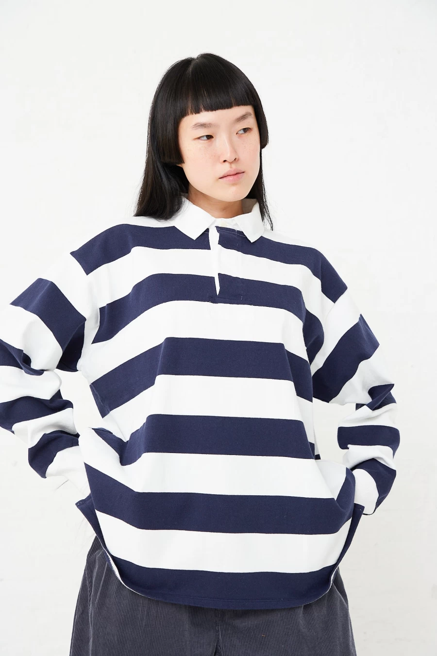 Toujours Men's Off White & Blue Striped Cotton Rugby Jersey Shirt - Classic Casual Style