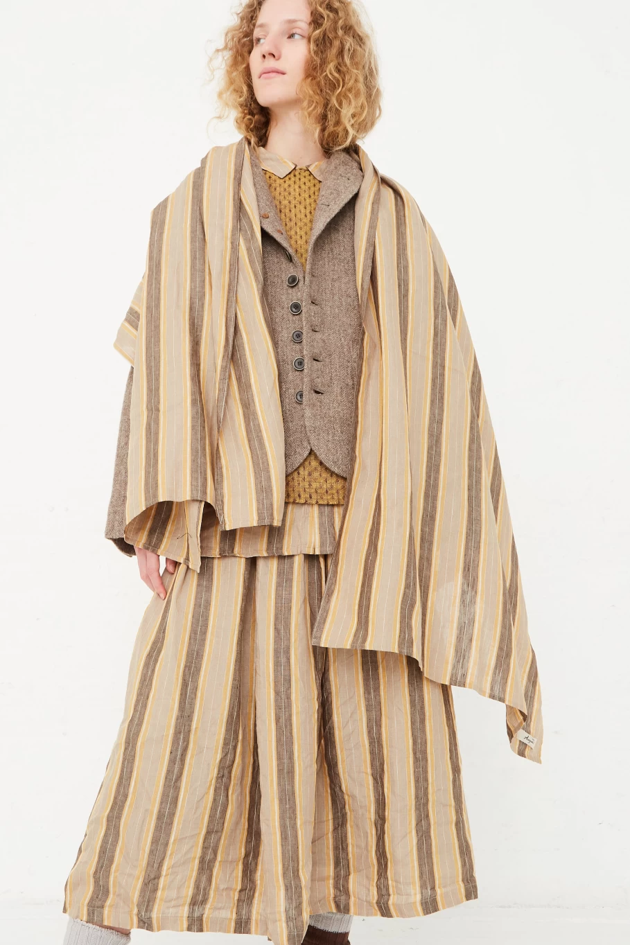 "Ichi Antiquit Mustard Linen Stripe Stole - Handcrafted Vintage Scarf by Oroboro Store"