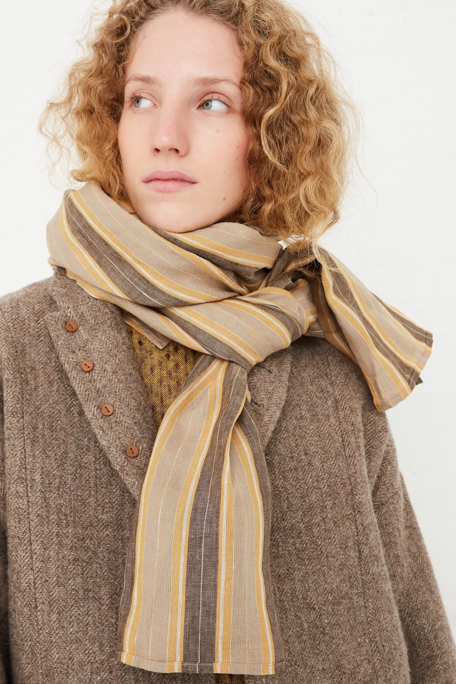 "Ichi Antiquit Mustard Linen Stripe Stole - Handcrafted Vintage Scarf by Oroboro Store"