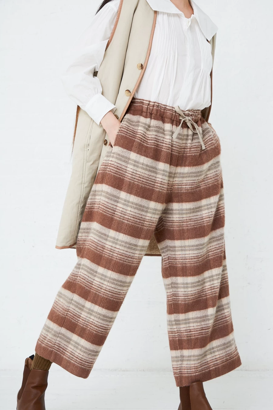 Toujours Cocoa Brown Silk Plaid Mosser Pajama Pants for Women - Luxury Sleepwear