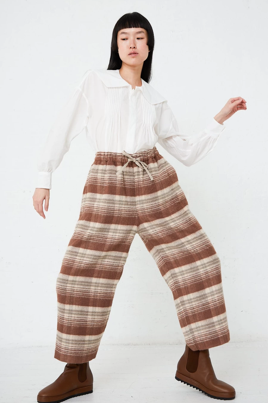 Toujours Cocoa Brown Silk Plaid Mosser Pajama Pants for Women - Luxury Sleepwear