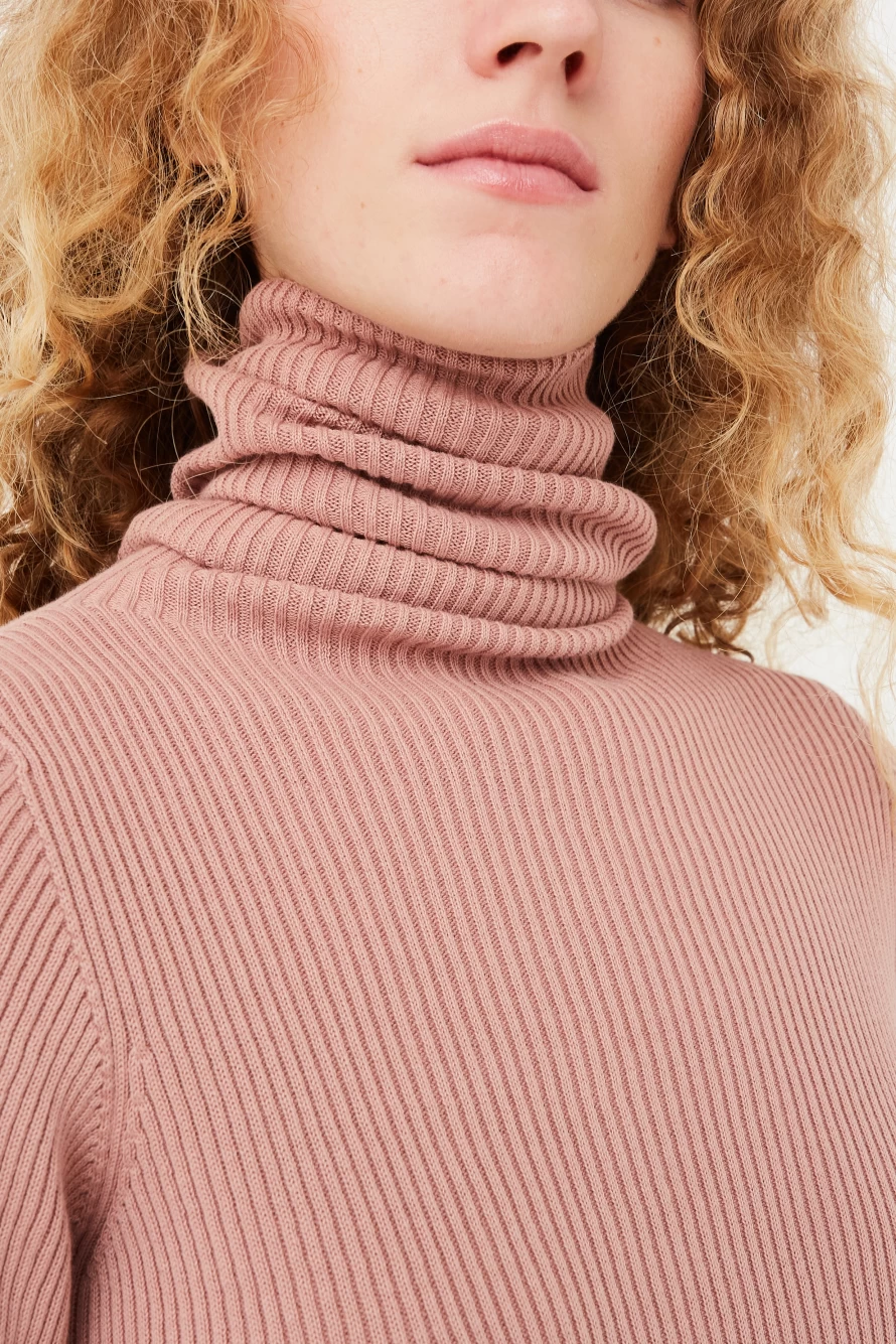 "Ichi Antiquit Pink Beige Cotton Rib Turtleneck Top | Vintage Style Women's Knitwear"