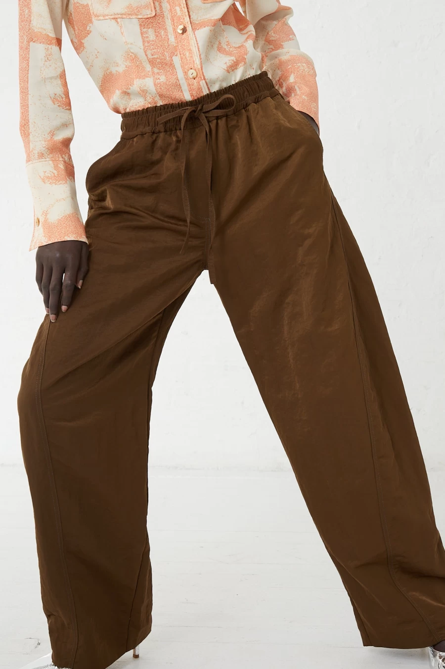 Rejina Pyo Brown Nylon Una Trousers | High-Waisted Sustainable Women's Pants