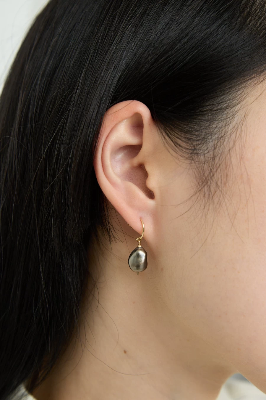 14K Gold Grey Keshi Pearl Crescent Charm Earrings by Mary MacGill | Elegant Dangle Pearl Jewelry