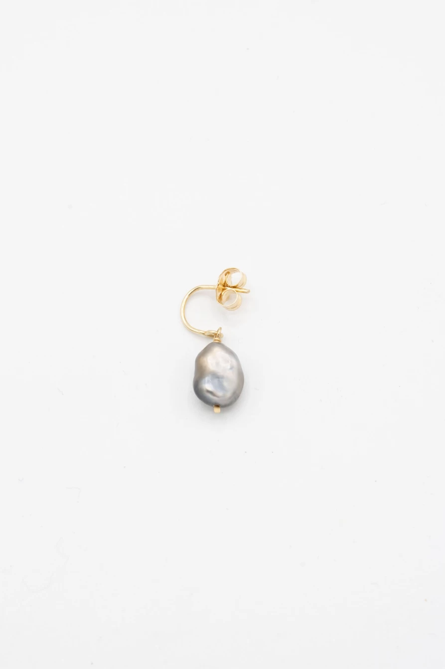 14K Gold Grey Keshi Pearl Crescent Charm Earrings by Mary MacGill | Elegant Dangle Pearl Jewelry